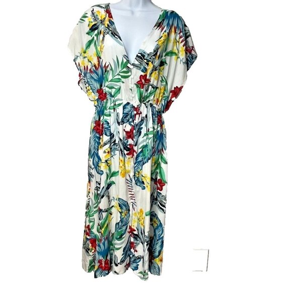 Tropical Rayon Floral‎ Button Midi Dress Size Large Vacation Resort Boho Beachy - Picture 1 of 12